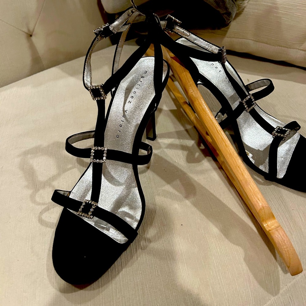 Sexy black satin strap pumps with rhinestone detail- excellent condition